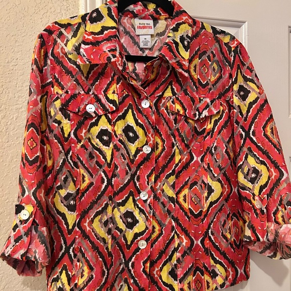 Ruby Rd. Red Yellow Black Ikat Button-Front Blouse - Picture 7 of 7